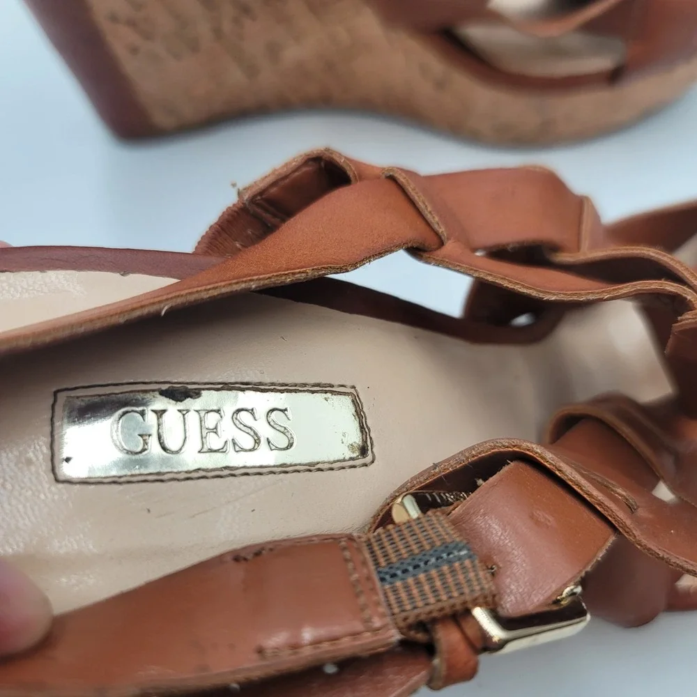 Guess Womens Cognac Brown Leather Strappy Cork Boho Platform Wedge Sandals
